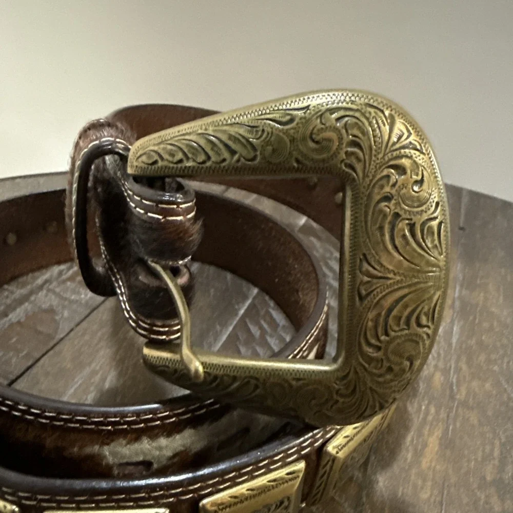 3D Belt Co Western Belt Brass Conchos Tooled Buckle Size 34 Brown 8634
